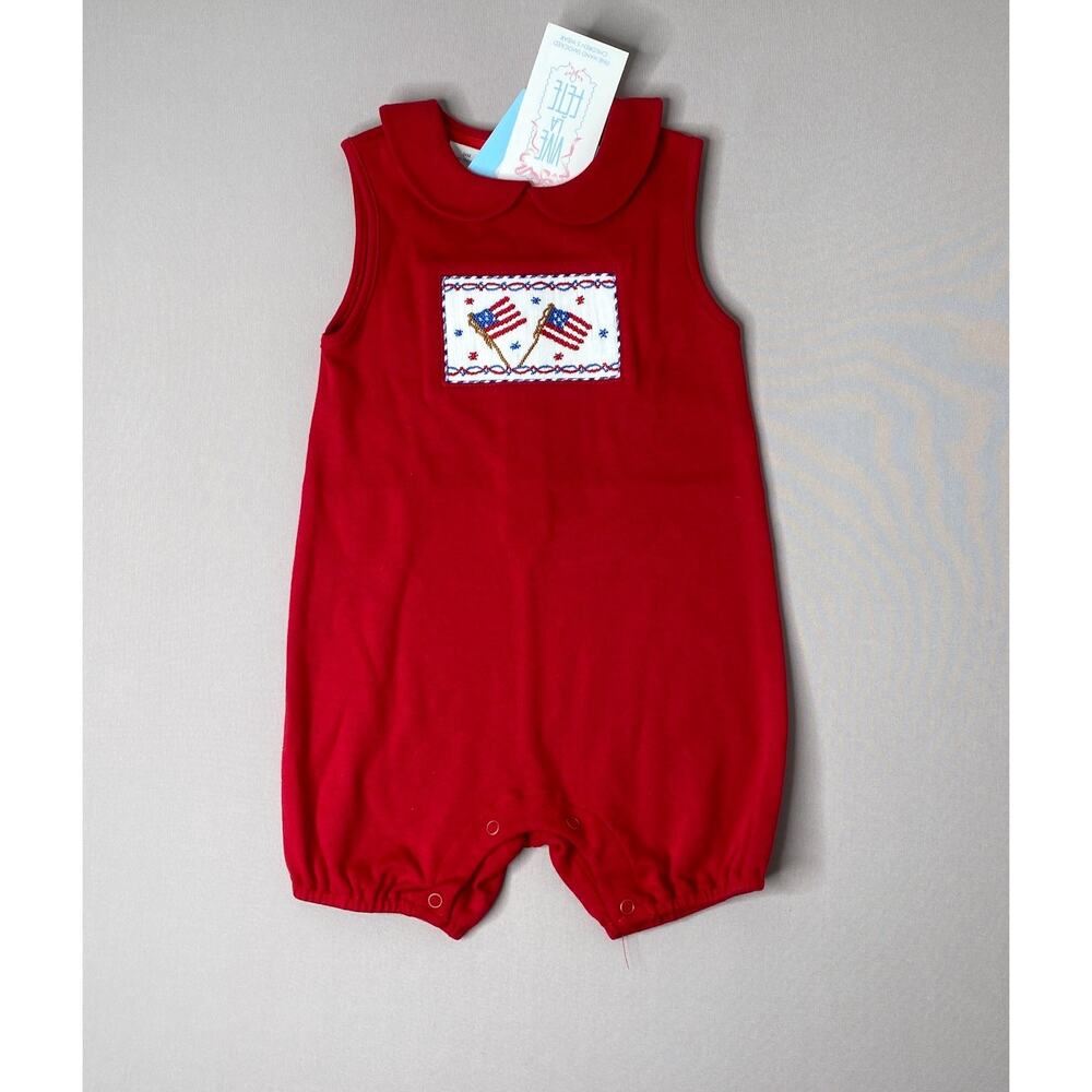 NWT Vive La Fete Smocked Flags Peter Pan Collar Red Cotton Romper Girls 24 Mo